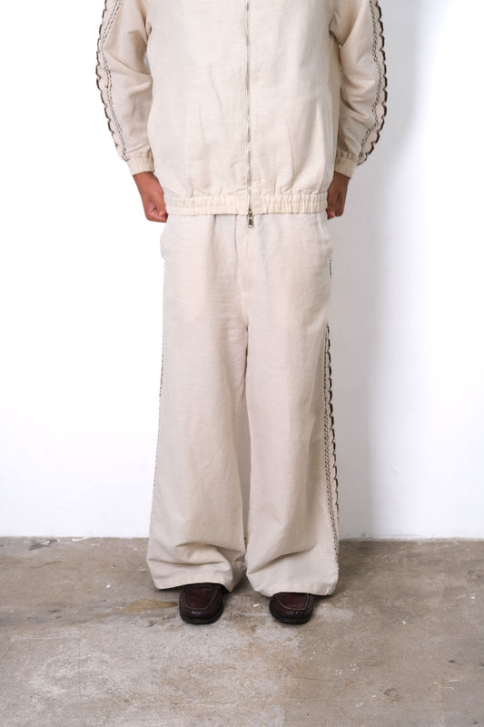 CROCHET TRIM WIDE LEG TROUSERS BEIGE