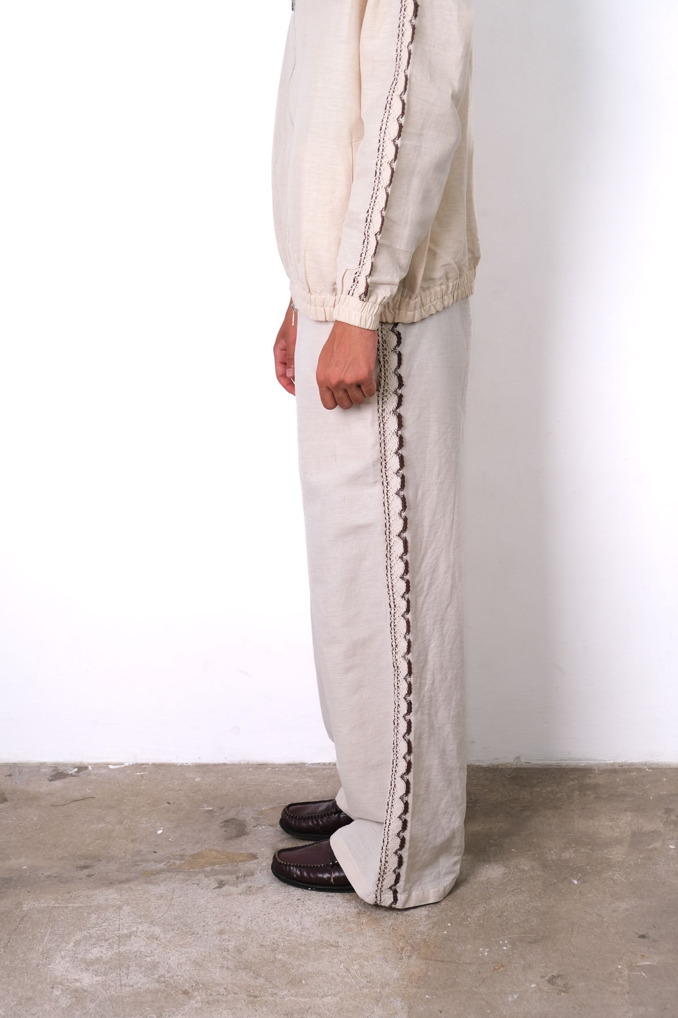 CROCHET TRIM WIDE LEG TROUSERS BEIGE