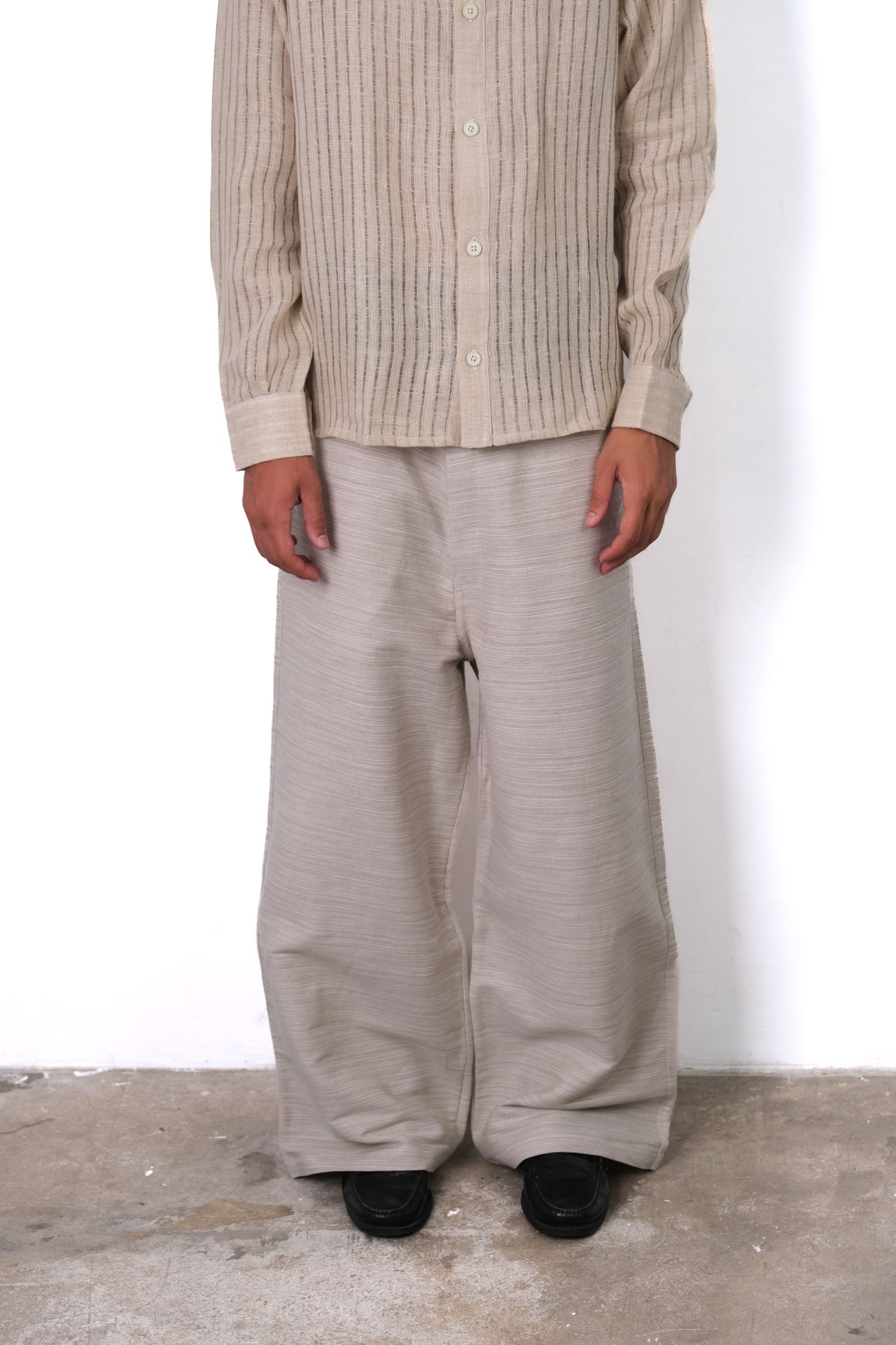TEXTURED LINEN WIDE LEG TROUSERS