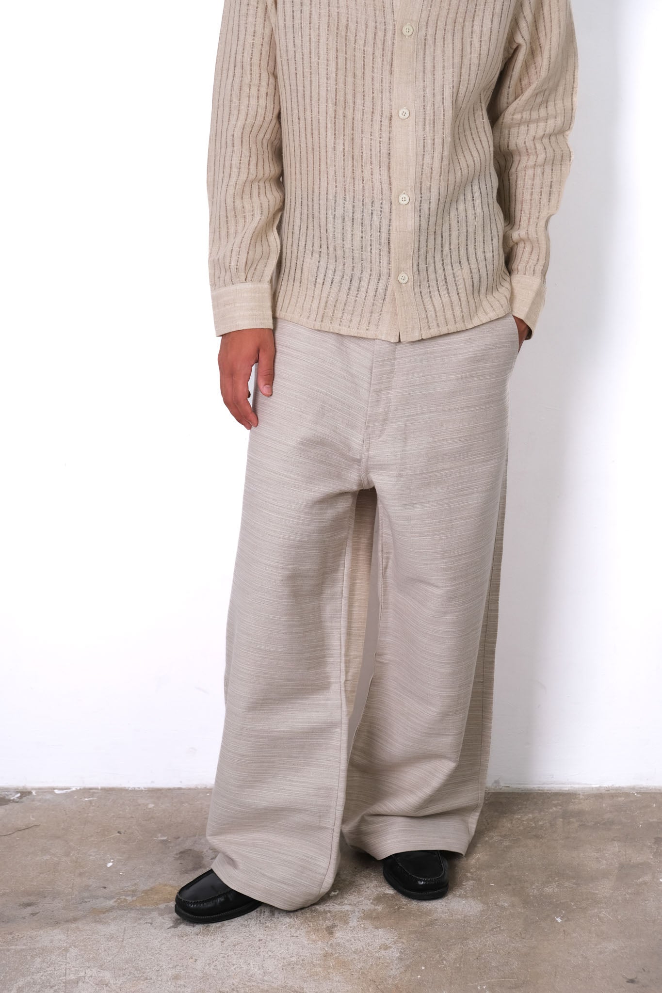 TEXTURED LINEN WIDE LEG TROUSERS